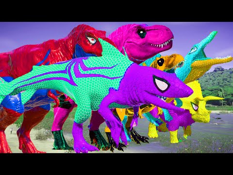 All Spiderman T-Rex vs SuperHero Dinosaurs Battle Dinosaurs Jurassic World Evolution