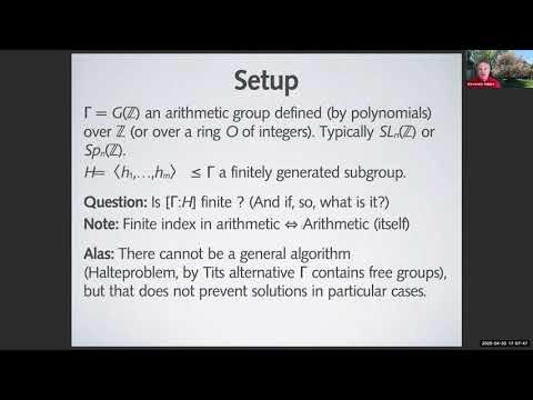 "Index computations in arithmetic groups", Alexander Hulpke, NYGT Seminar, April 30, 2020