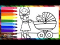 Draw and Color a Mom with Her Baby 👩👶🍼🌄🌈 Drawings for Kids