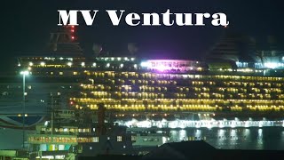 cruise ship MV Ventura leaving Southampton at night