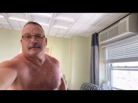 Hairy stached 58 y/o muscle dad with padding arm curls in new beach condo