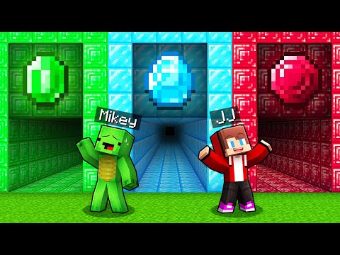 JJ and Mikey: EMERALD vs DIAMOND vs RUBY Tunnel Battle - Minecraft Maizen
