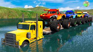 Monster Trucks Potholes Flatbed Long Trailer Truck Car Rescue - Cars vs Deep Water - BeamNG.drive