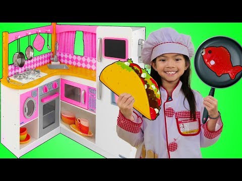 Emma Pretend Play w/ Cute Pink Kitchen Restaurant Toy Cooking Food Kids Playset