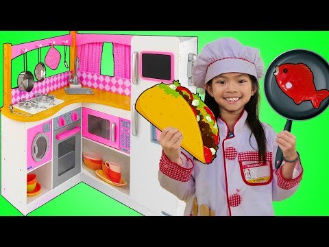 Emma Pretend Play w/ Cute Pink Kitchen Restaurant Toy Cooking Food Kids Playset Video