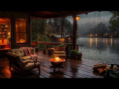 Lakeside Porch Ambience 🍁 Rainy Evening And Crackling Fire For Sleep, Relax, Rest🔥