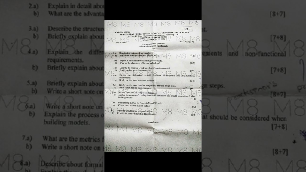 Software Engineering previous question paper #importantquestionsofSE #jntuh#btech #exams #jntu #pqp