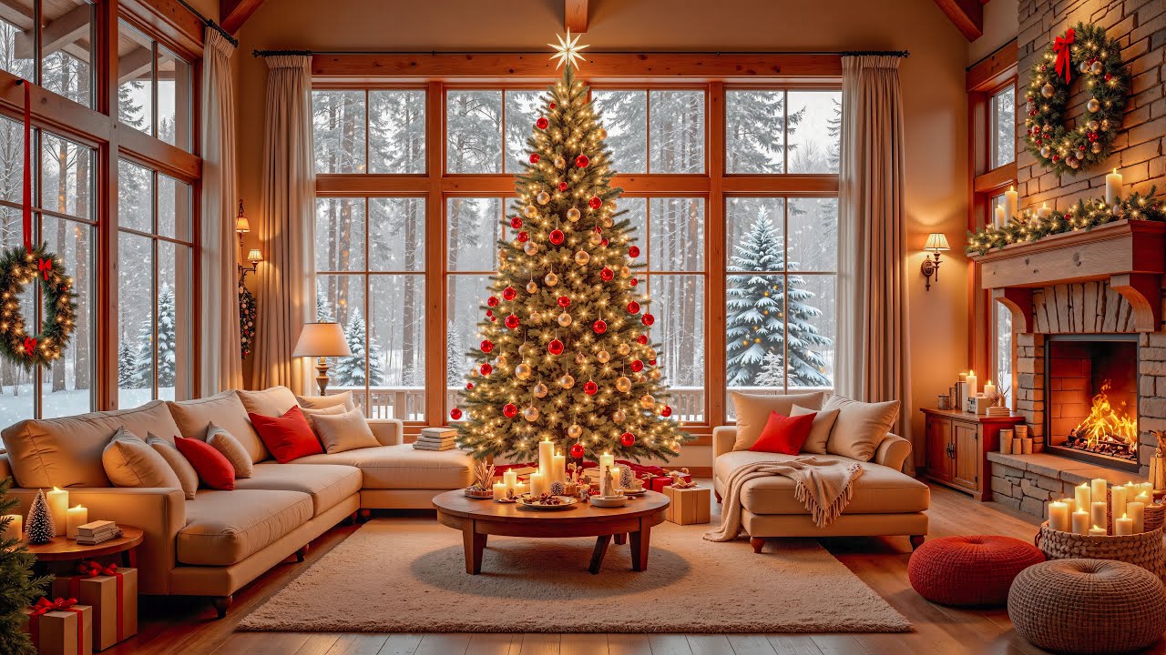 🎄🎅 Forest Christmas Ambience 2025 in Cozy Living Room on Snowing Day with Warm Fireplace for Relax