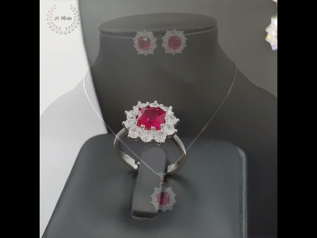 طقم فضة 925 وزركون روبي