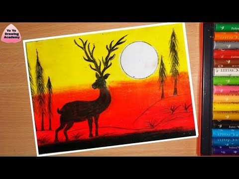 Winter Sunset scenery drawing for beginners with Oil Pastels  step by step