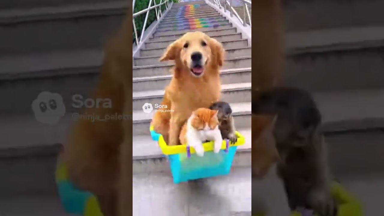 階段スライダーを楽しむ犬猫マーモットが可愛すぎた🐱🐹🐶💨 #catdog #marmot #funnyanimals #funnypets