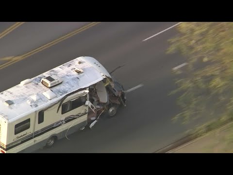 A woman in a stolen recreational vehicle led authorities on a wild chase in Los Angeles on Tuesday, smashing into cars and a palm tree before finally coming to a halt with a large dog hanging out of the shattered windshield. (May 22)