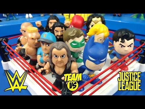WWE vs Justice League Toys Shake Rumble Wrestling Match // RUMBLE LEAGUE