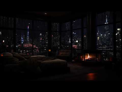 24/7 Regen am Fenster & Kaminknistern – Ultimative Entspannung im dunklen Stadtzimmer 🌧️🔥🌃