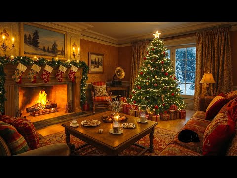 Soothing Christmas Music, Snowfall and Crackling Fireplace at the Vintage Cabin on Christmas Eve