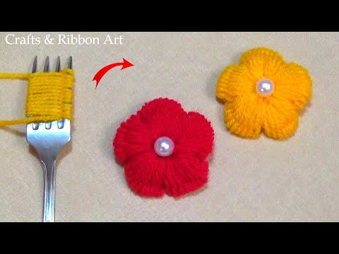 Easy Woolen Flower Making Ideas with Fork - Amazing Hand Embroidery Trick - DIY Yarn Flowers