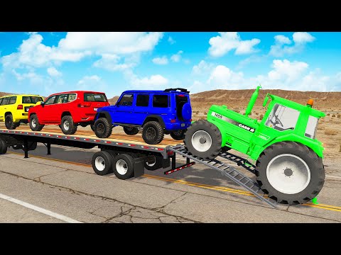 TRANSPORTING PIXAR CARS & FRUITS WITH COLORED & JOHN DEERE vs CLAAS vs TRACTORS - BeamNG.drive #983