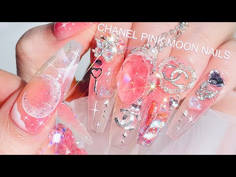 CHANEL pink moon nails🌙💗 How to draw the moon & stars! Luxury nails / ASMR