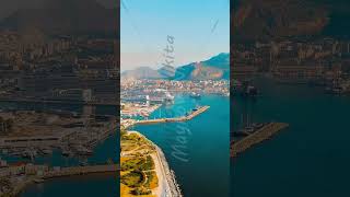Vertical video. Palermo, Sicily, Italy. MSC Grandiosa cruise ship moored in the port of Palermo. ...