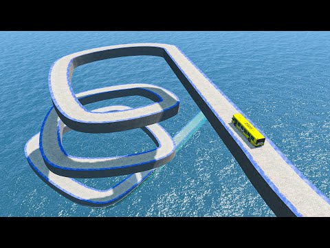 Impossible Spiral Bridge Crossing Stunt Cars Vs Cliff and Deep Water - BeamNG.Drive