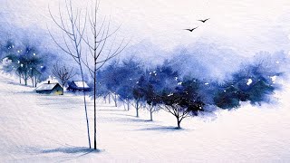 Only 2 Colors | Simple Watercolor Landscape | winter painting