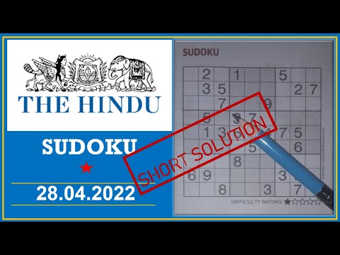 The Hindu  Sudoku Apr 28, 2022 - 1 Star - Short Solution
