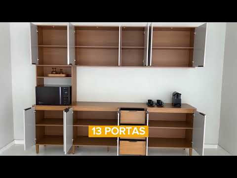 Video thumbnail of Armário de Cozinha Completo Luísa 100% MDF 5 Peças 13 Portas 3 Gavetas 260cm Moderna Mobília