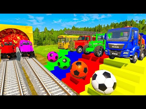 Flatbed Trailer Truck Rescue Bus - Cars vs Slide Colors - Cars vs Rails and Trains - BeamNG Drive