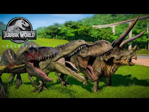 Jurassic World Evolution - T-Rex Vs Carcharodontosaurus Vs Indoraptor Vs Stegoceratops