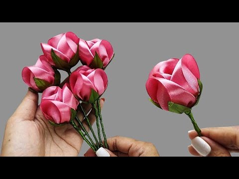 DIY ribbon roses/how to make beautiful rosebud flower with satin ribbon easily