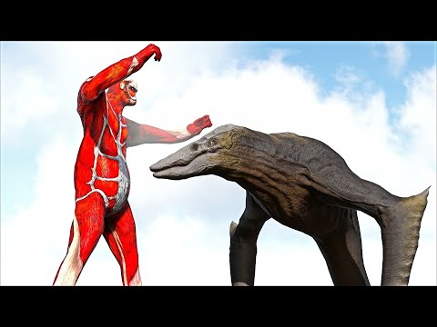 SHINGEKI NO KIOJIN COLOSSAL TITAN VS TITANUS SKULL CRAWLER (ARK SURVIVAL EVOLVED BATTLE BOSSES)