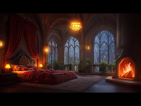 Nighttime Thunderstorm Haven: Elegant Castle Room Ambience with Fireplace and Rain Sounds