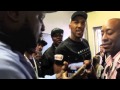 KEVIN JOHNSON BANTERS WITH ANTHONY JOSHUA IN THE CORRIDOR AS PAIR MEET AFTER WEIGH IN