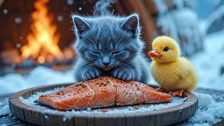 A duck rescues a kitten from an avalanche