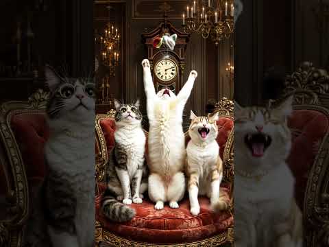 Three elegant cats sitting upright on velvet cushions in a grand Victorian parlor.