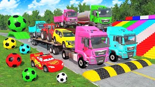 Triple Flatbed Trailer Cars Transportation with Truck - Speedbumps vs Cars vs Train - BeamNG #27