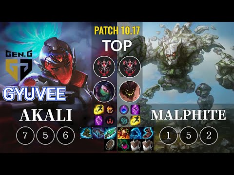 GEN gyuvee Akali vs Malphite Top - KR Patch 10.17