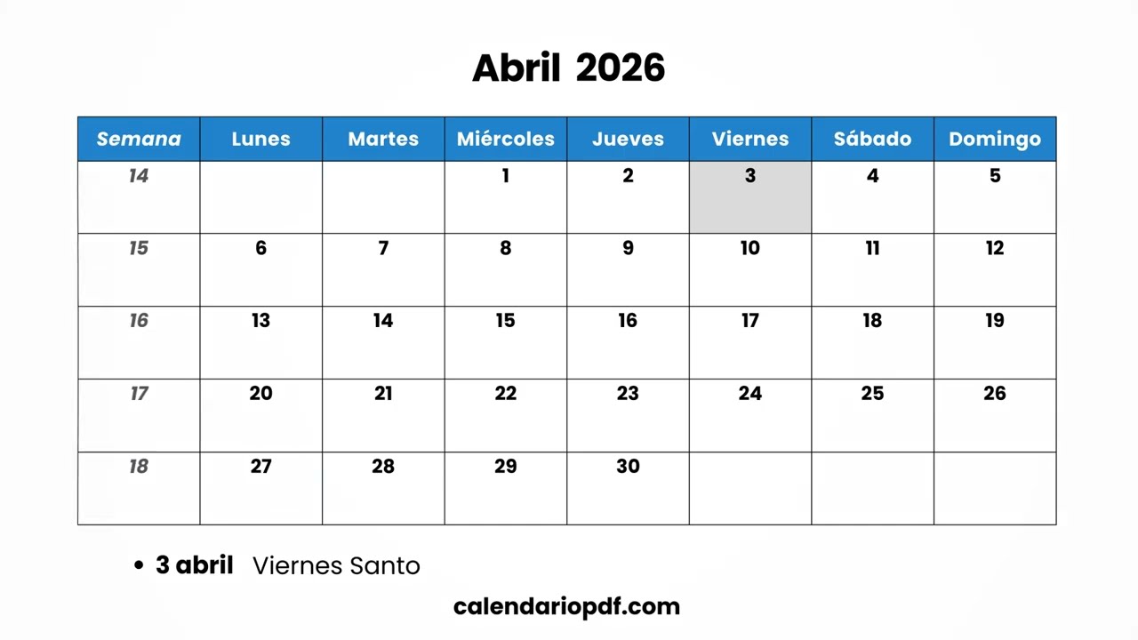 Calendario Abril 2026 con Festivos España | April Calendar 2026