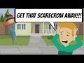 Childish Teenager Is Scared Of A Scarecrow