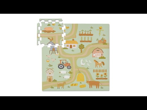 Puzzelmat baby boerderij afwasbaar beige - blauw - groen - kunststof - 90 x 1 x 90 cm