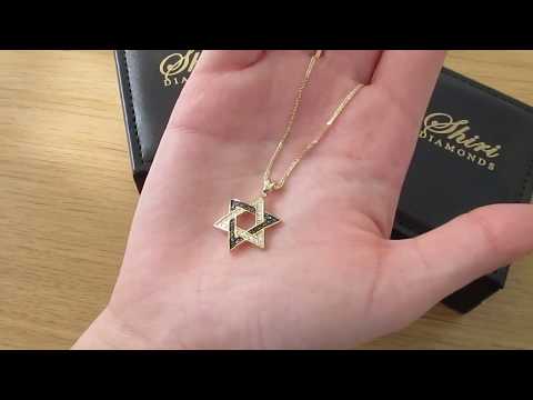 וידאו של תליון מגן דוד זהב צהוב משובץ 36 יהלומים שחורים ולבנים, 2סמ