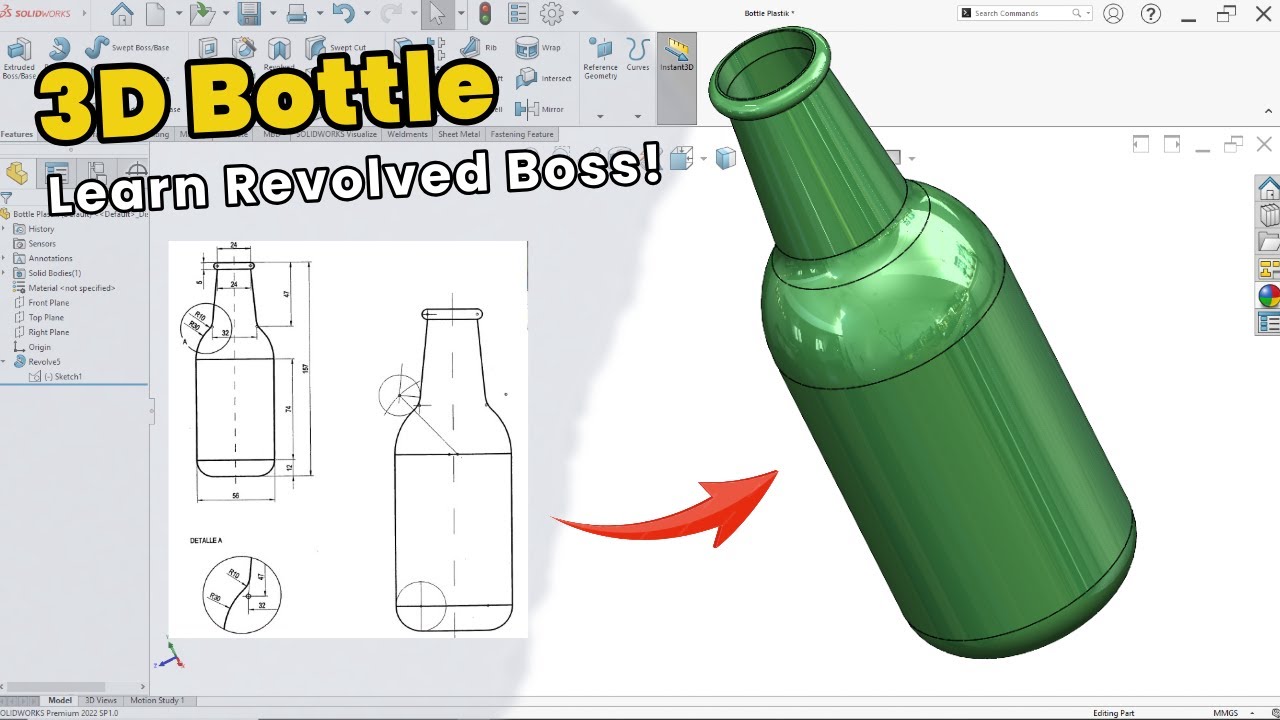 Beginner SolidWorks Tutorial | Bottle Project Using Revolved Boss