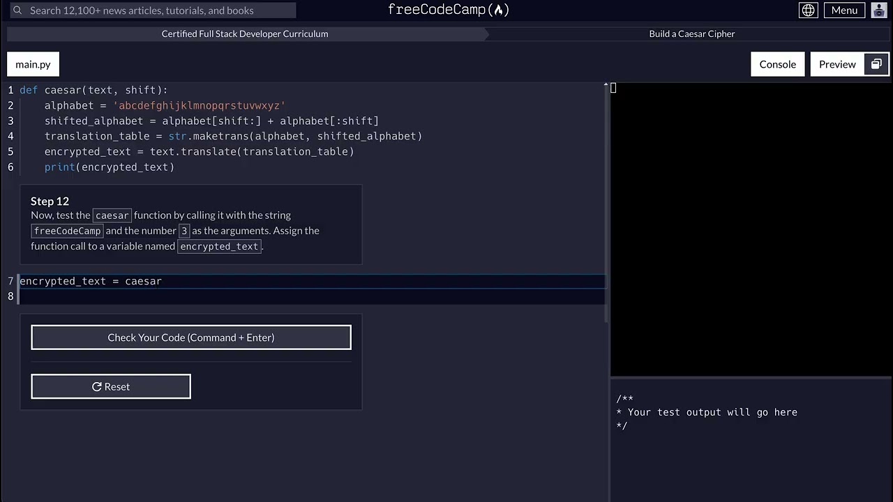 FreeCodeCamp - Python Project - Step 12 of 25 - Caesar Cipher