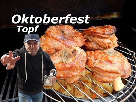 Knusprige Haxen , Bier , Sauerkraut und Kartoffeln - Oktoberfest Topf. Dutch Oven, Gasgrill Rezepte