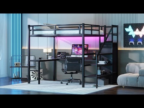 Loft Bed with L-shaped Desk and USB, Metal Loft Bed with Wardrobe and Adjustable Shelf