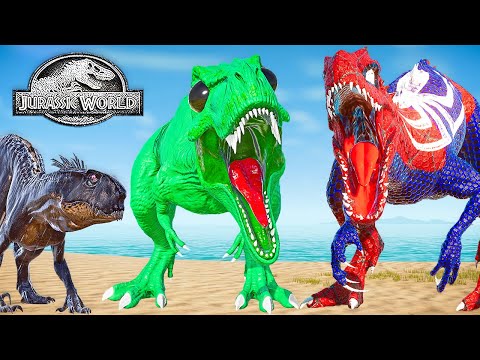 Spiderman Indominus Rex VS Green Alien Tyrannosaurus Rex, Scorpius Rex 🦖 Jurassic World Evolution