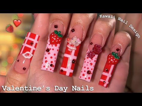 VALENTINE'S DAY POLYGEL NAILS🍓 Kawaii Nail Design & Easy French Tip Nail Art | Nail Tutorial