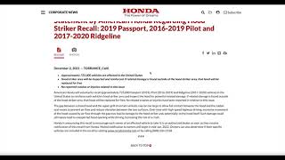 Honda Hood Striker Recall Announcement | Ridgline Passport and Pilot