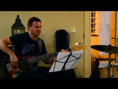 Tamás Belicza groovin on bass with Valer Miko Trio, Na Kus Reci cafe, Levice, Slovakia 15.7.2017