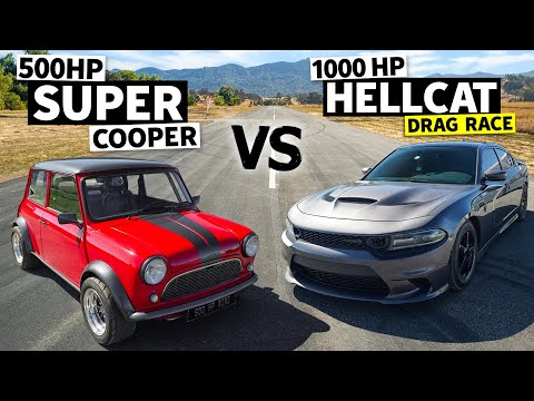 500hp Super Mini Cooper vs 1,000hp Dodge Charger Hellcat Drag Race